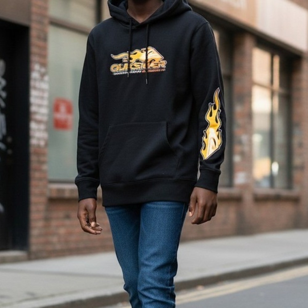Quiksilver Boys Black Flame Graphic Pullover Hoodie Sweatshirt Large 14/16